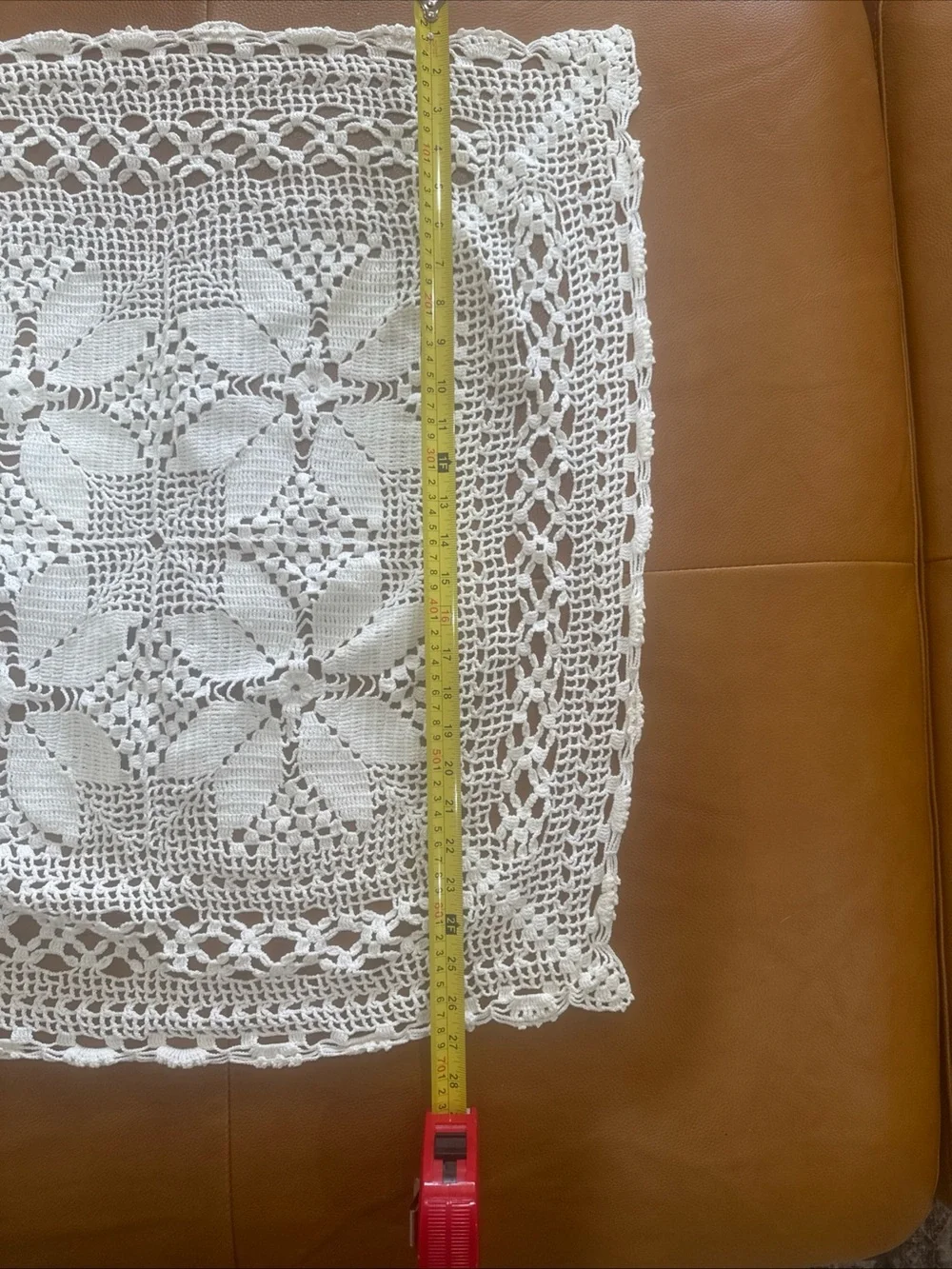 Vintage Hand Crocheted White Table Topper Doily 26x27 Square Lace Centerpiece